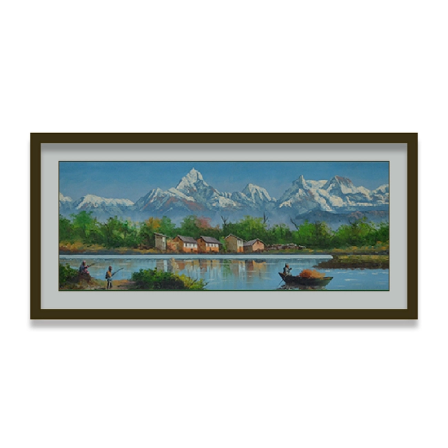 Pokhara Lakeside Landscape Painting with Annapurna Mountain Range